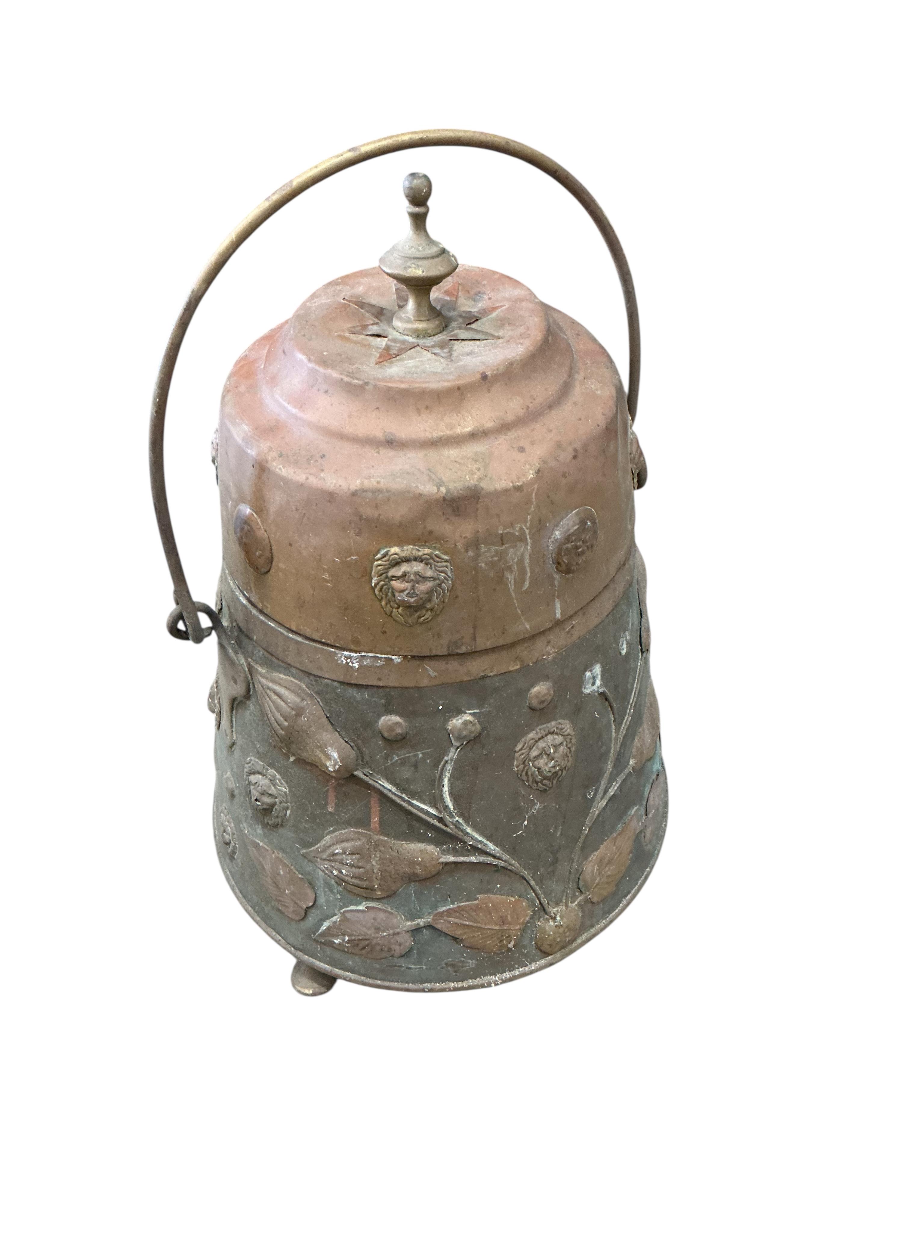 A domed toleware coal bin applied royal crest, width 54cm together with a staved mahogany coal bucket and liner and a copper and brass lidded pail